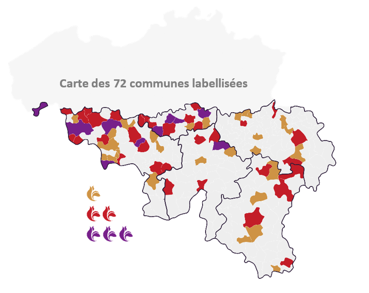 Carte des 72 communes labellisées Wallonie en Fleurs